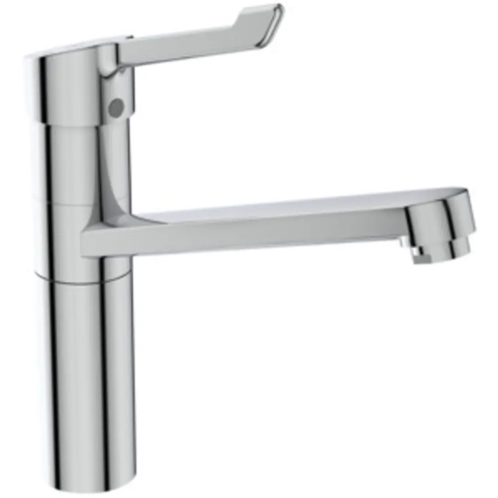 Küchenarmatur von Ideal Standard mit klinischem Hebel, hohem Auslauf und moderner Chrom-Oberfläche. Einsatzmöglichkeiten in verschiedenen Küchengestaltungen.